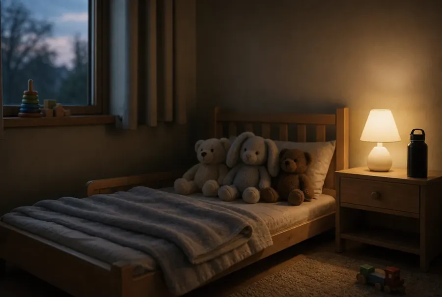 Pokój dziecka wieczorem, łóżeczko z kocem i pluszakami przy zapalonej lampce